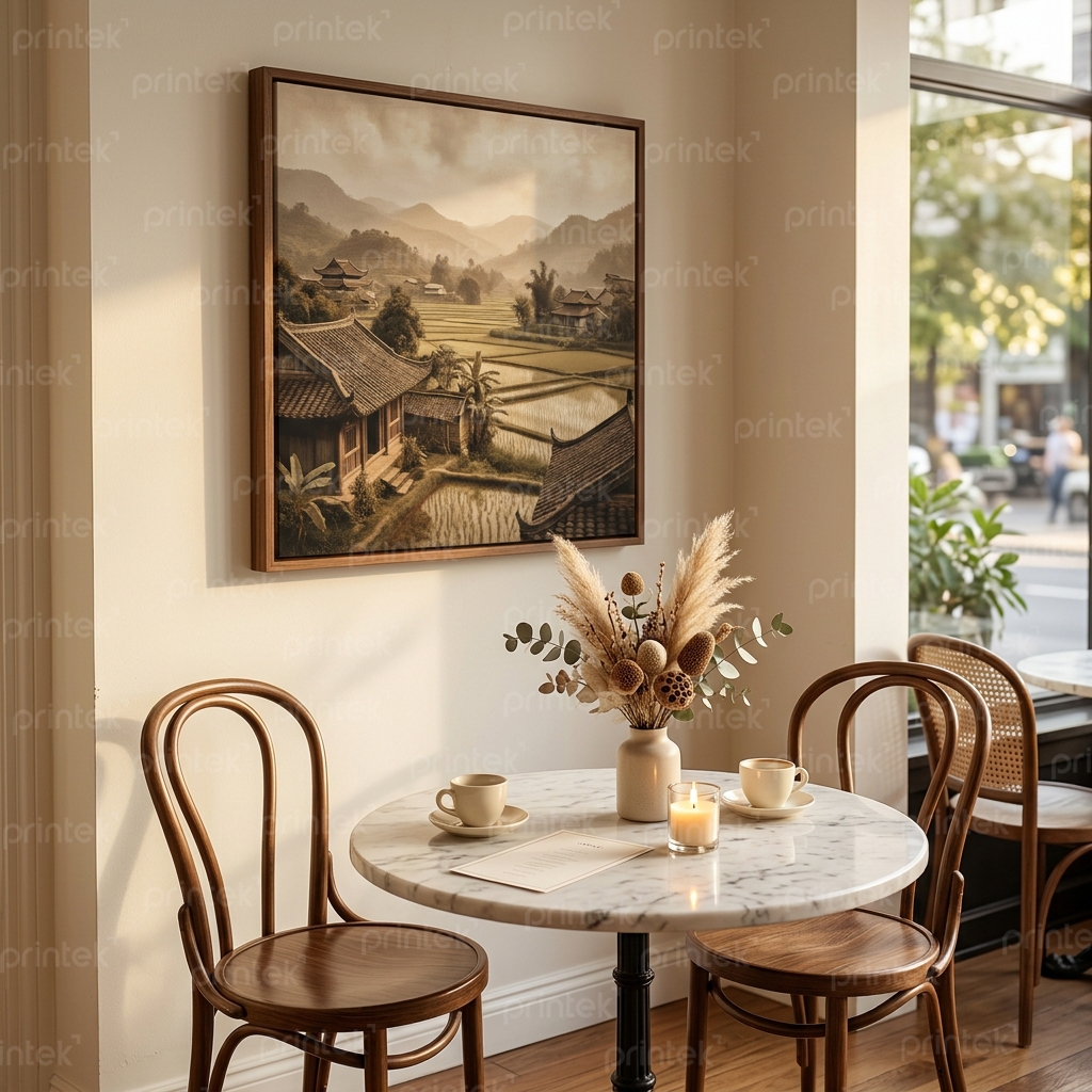 Tranh dán tường cho nhà hàng phong cách Đông Dương: chọn mẫu, size và chất liệu thế nào cho đúng