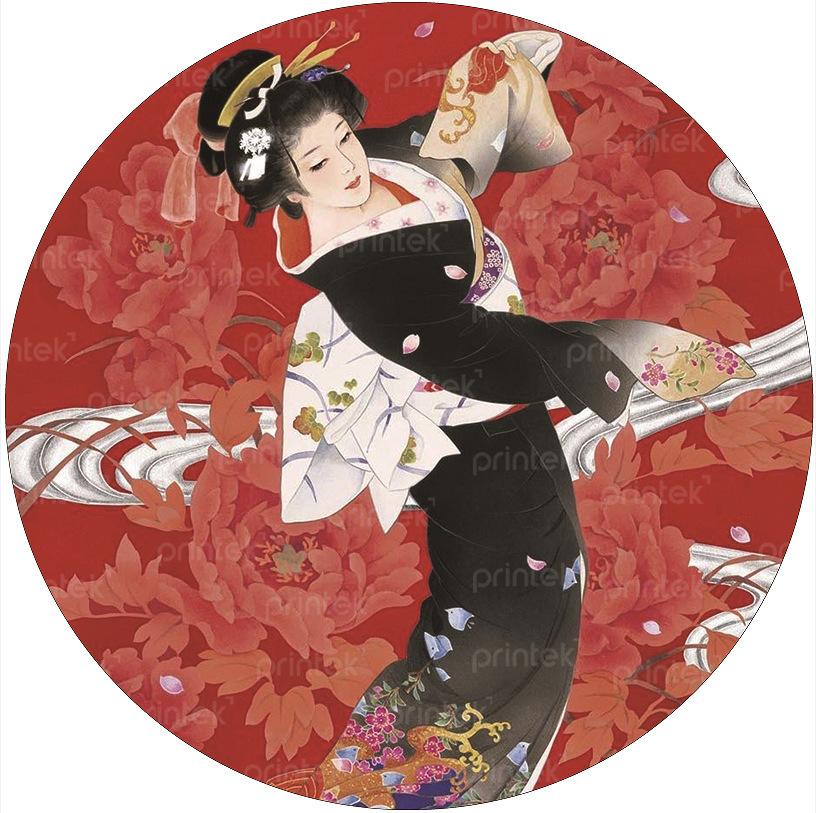 Tranh tròn cô gái mặc kimono