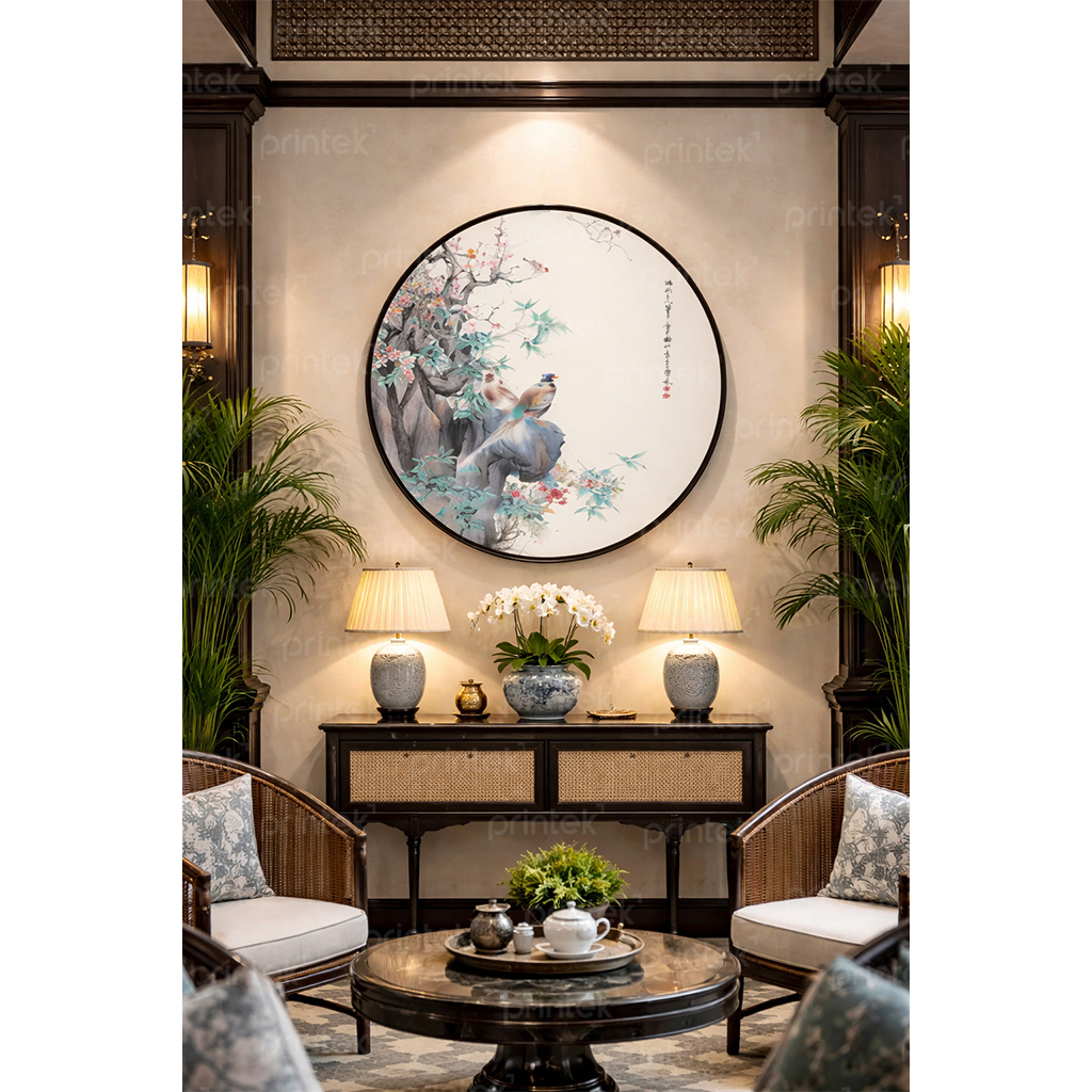 Tranh tròn hoa và chim, tranh treo tường cao cấp - MF69416