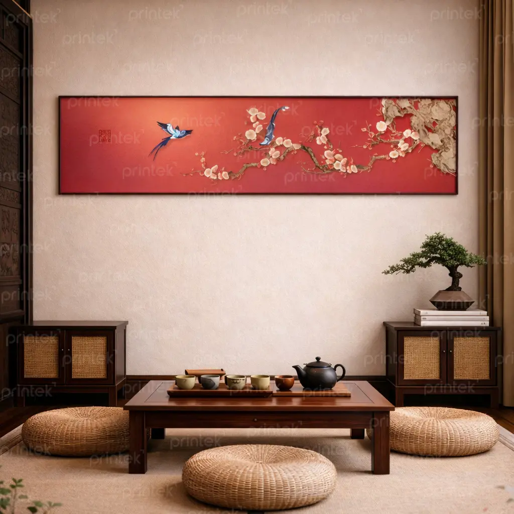 Tranh Indochine tông đỏ phù hợp treo phòng khách - ID2312