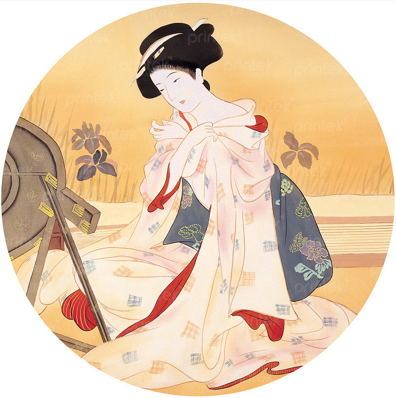 Tranh tròn cô gái mặc kimono trang trí nhà hàng Nhật Bản