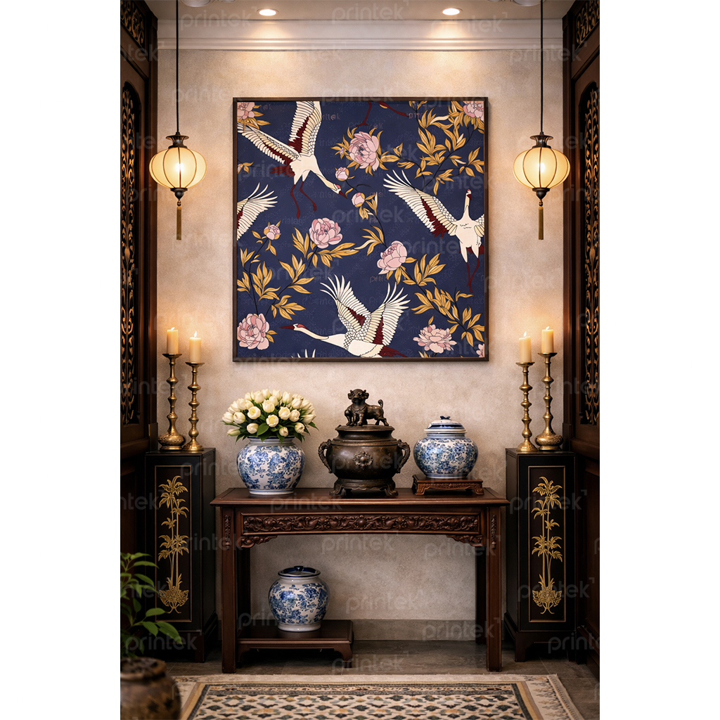 Tranh chim hạc và hoa phong cách indochine - ADB13323666