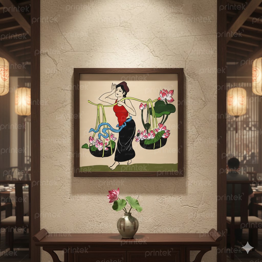 Tranh cô gái gánh hoa sen phong cách indochine – DC-VN29