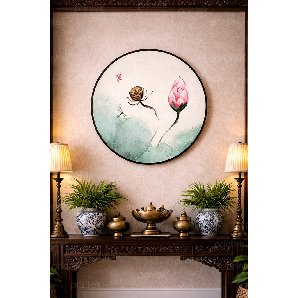 Tranh tròn thủy mặc hoa sen trang trí góc thiền trà - TB13323971