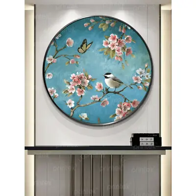 Tranh tròn hoa sen và chim, phong cách indochine - PC9300