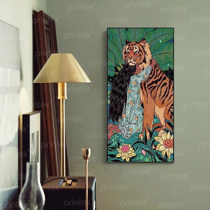 Tranh cô gái và con hổ phong cách nhiệt đới
