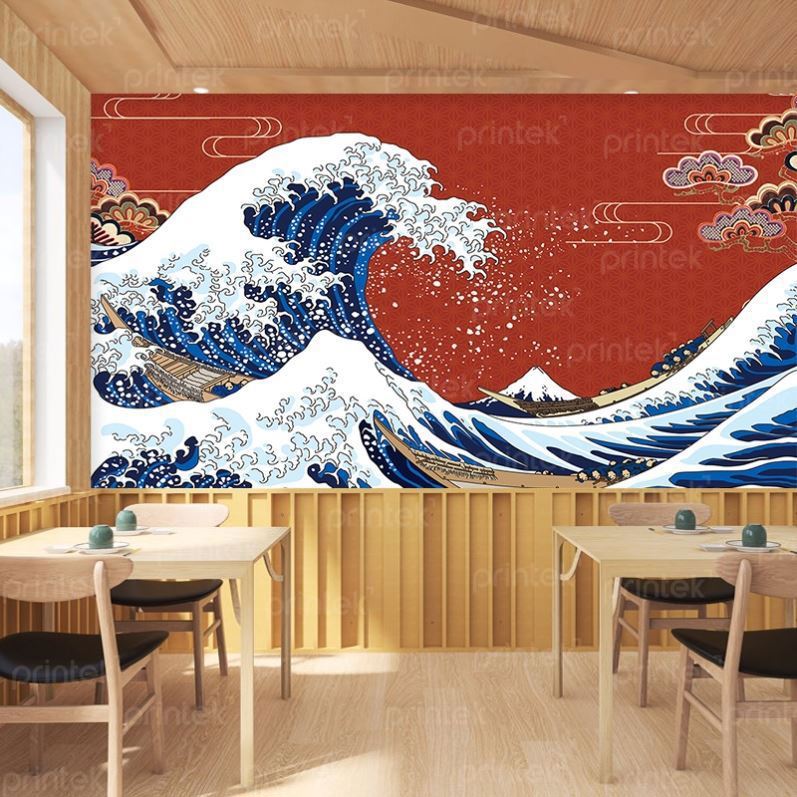 Kết hợp tranh treo tường và tranh dán tường trong trang trí nhà hàng Nhật Bản