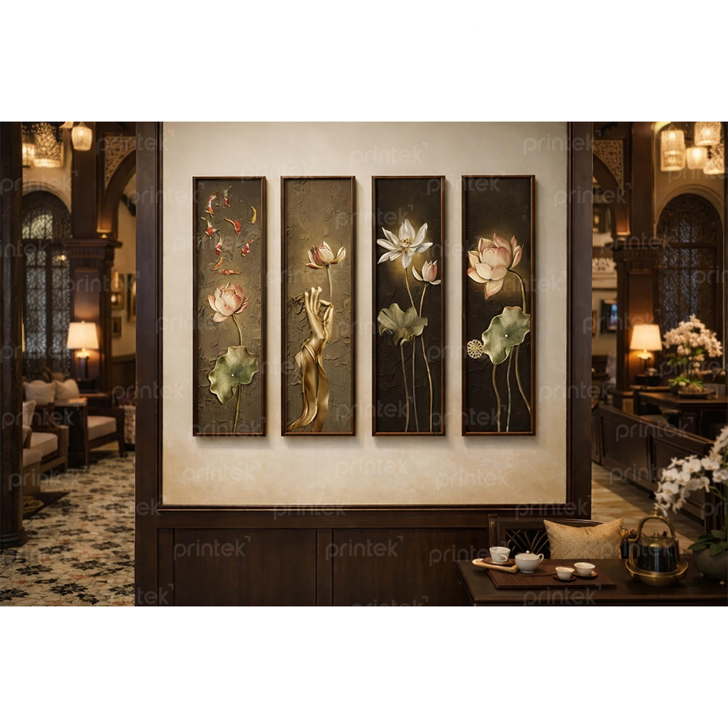 Tranh tứ quý hoa sen treo tường, tranh canvas - HS5931