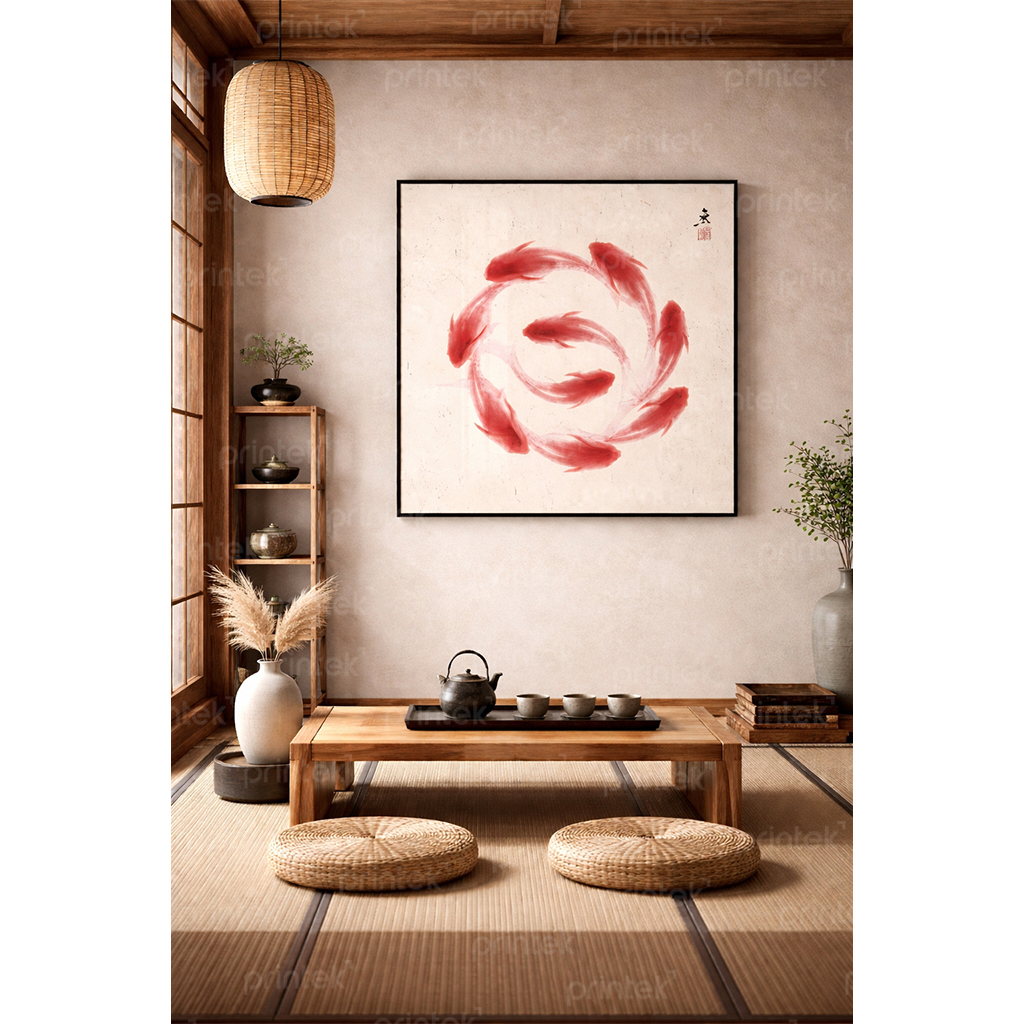 Tranh thuỷ mặc đàn cá, đã có khung - TM7185