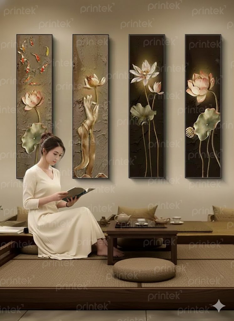 Tranh tứ quý hoa sen treo tường, tranh canvas - HS5931