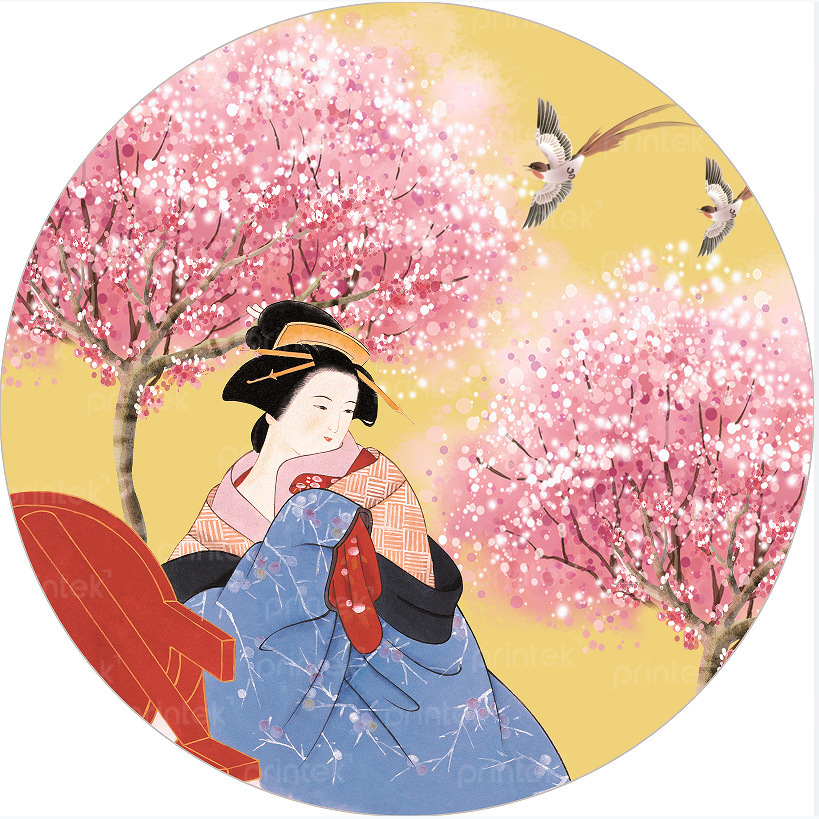 Tranh tròn cô gái mặc kimono trang trí nhà hàng Nhật Bản edit