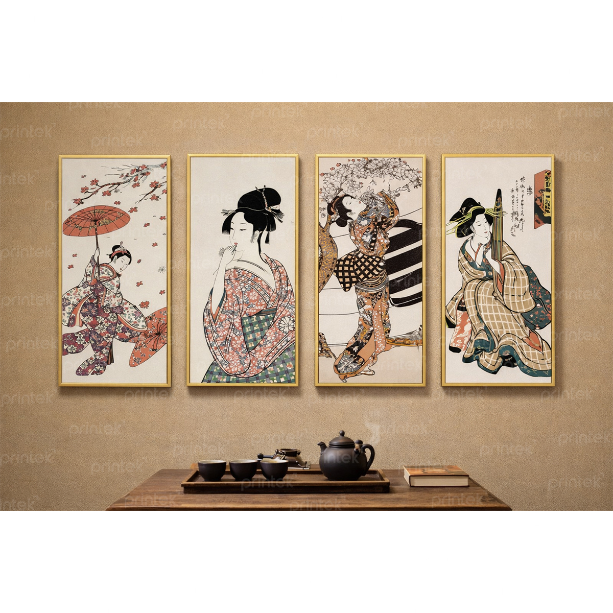 Bộ 4 tranh cô gái trang trí nhà hàng Nhật Bản, đã có khung - CD7152