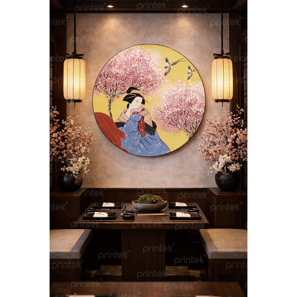 Tranh tròn cô gái mặc kimono trang trí nhà hàng Nhật Bản - NB0105