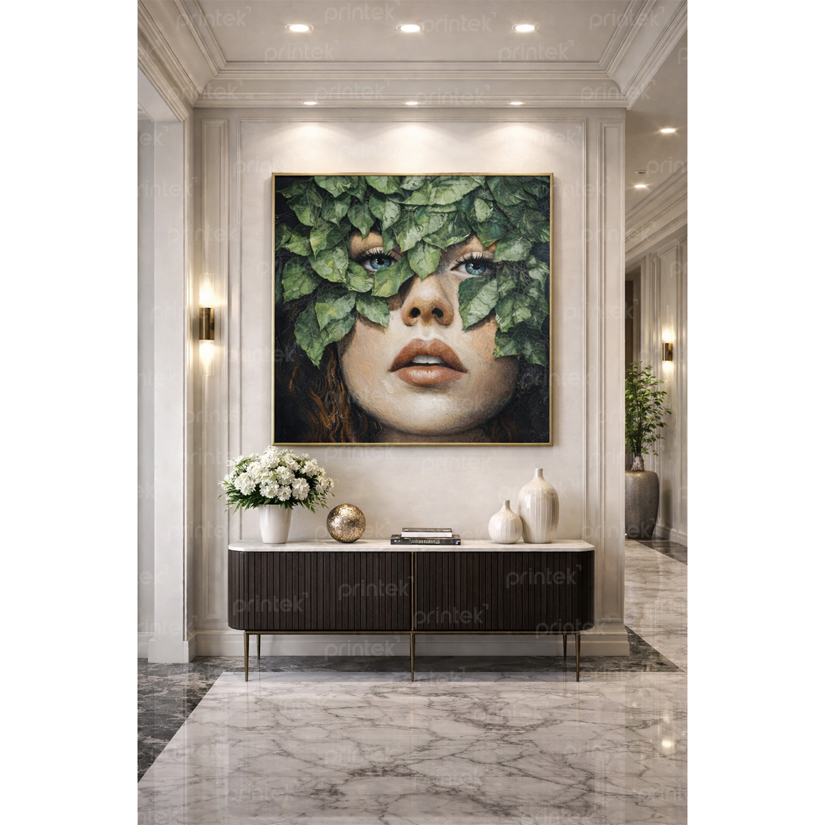Tranh trừu tượng cô gái và lá cây - TT9756