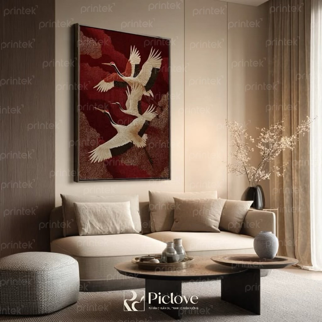 Tranh tam hạc nền đỏ phong cách Indochine phù hợp mọi không gian - ID209302