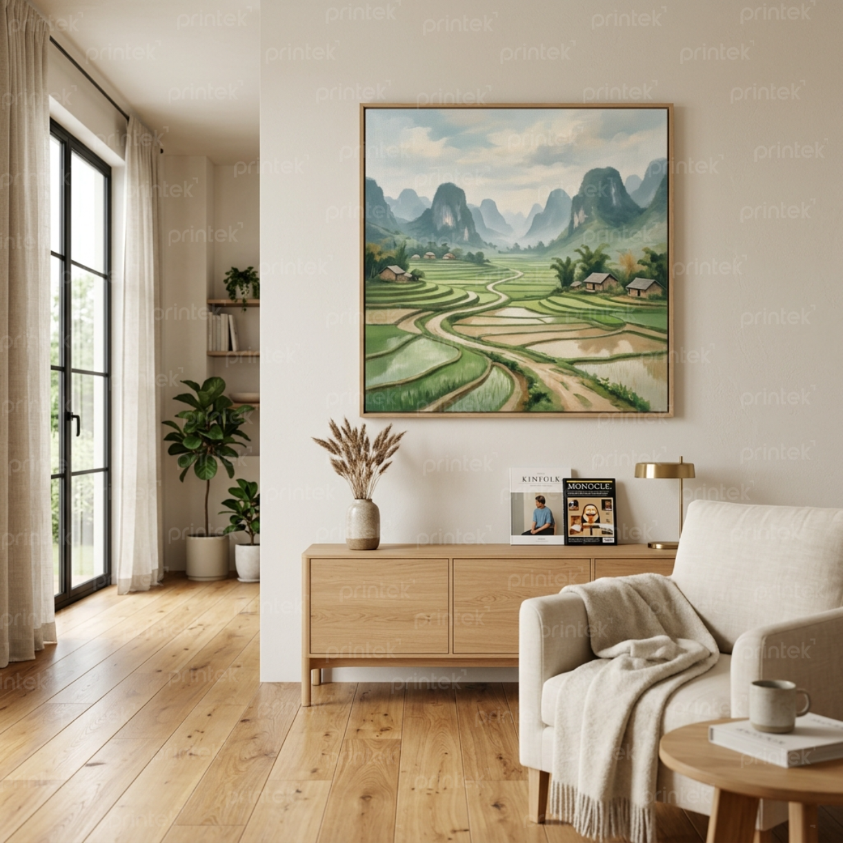 Tranh phong cảnh khổ lớn treo ở phòng khách