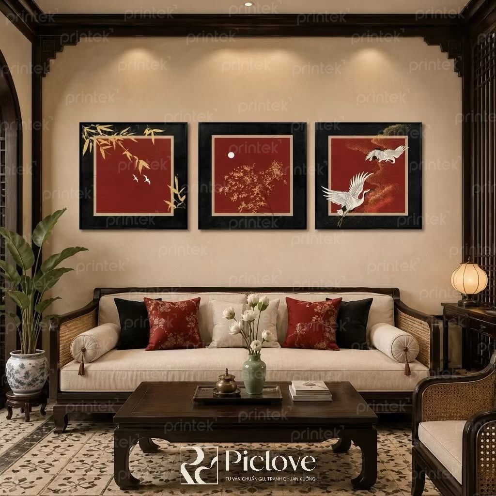 Bộ 3 tranh hạc treo tường phong cách indochine - PL004
