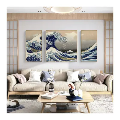 Bộ 3 tranh "Sóng lừng ngoài khơi Kanagawa", đã có khung - PC1776