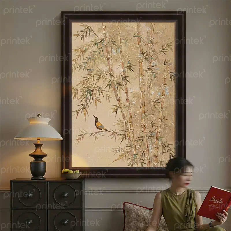 Tranh Indochine “Trúc điểu an nhiên” khung bản to 8cm - IN7991