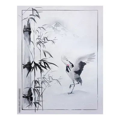 Tranh thủy mặc đen trắng chim hạc cành trúc - ADB13323670