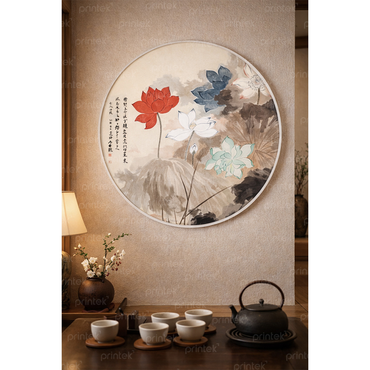 Tranh tròn thủy mặc hoa sen trang trí góc thiền trà - TB13323977